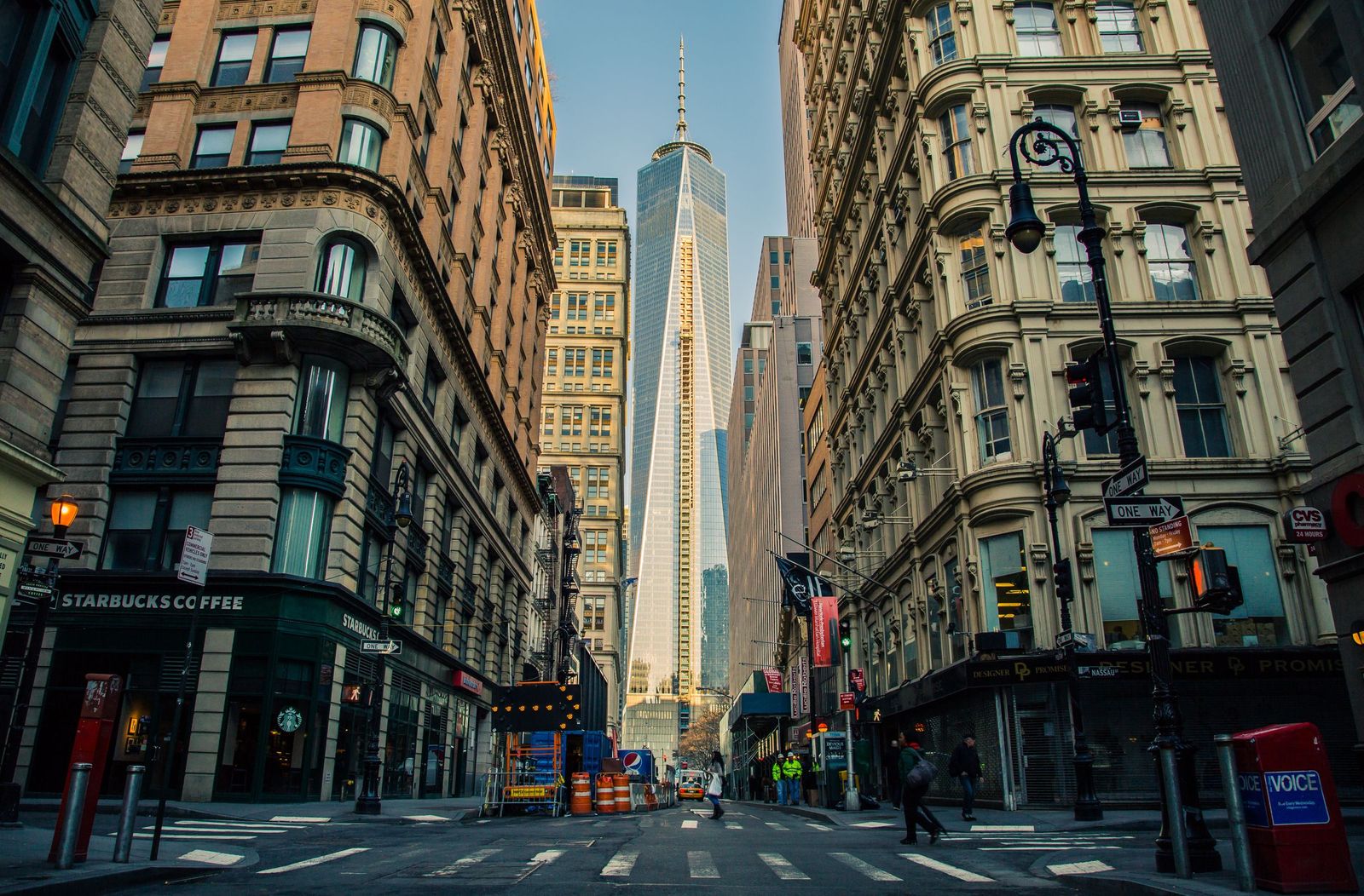 One World Trade Center seen from a street in Lower Manhattan, New York