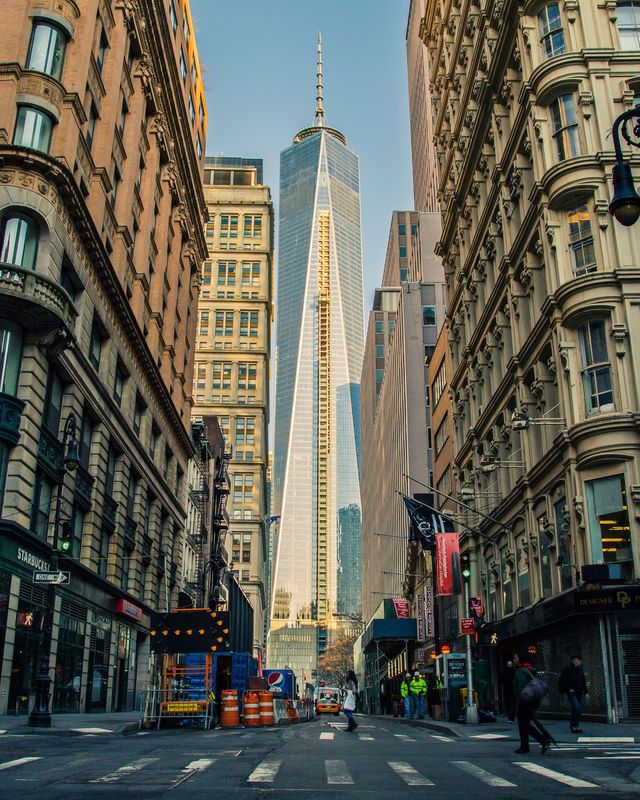 One World Trade Center seen from a street in Lower Manhattan, New York
