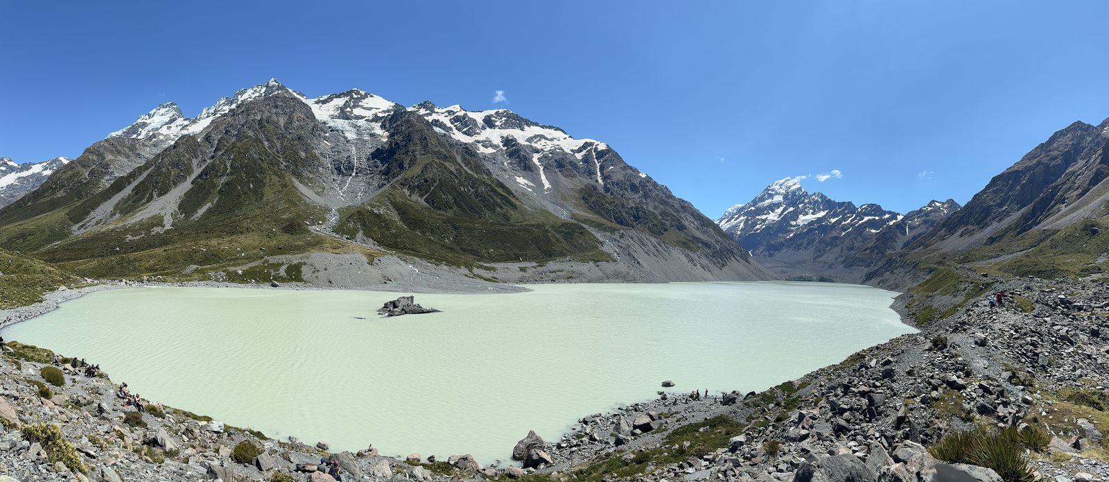 Hooker Lake, milky turquoise, below snowy mountains