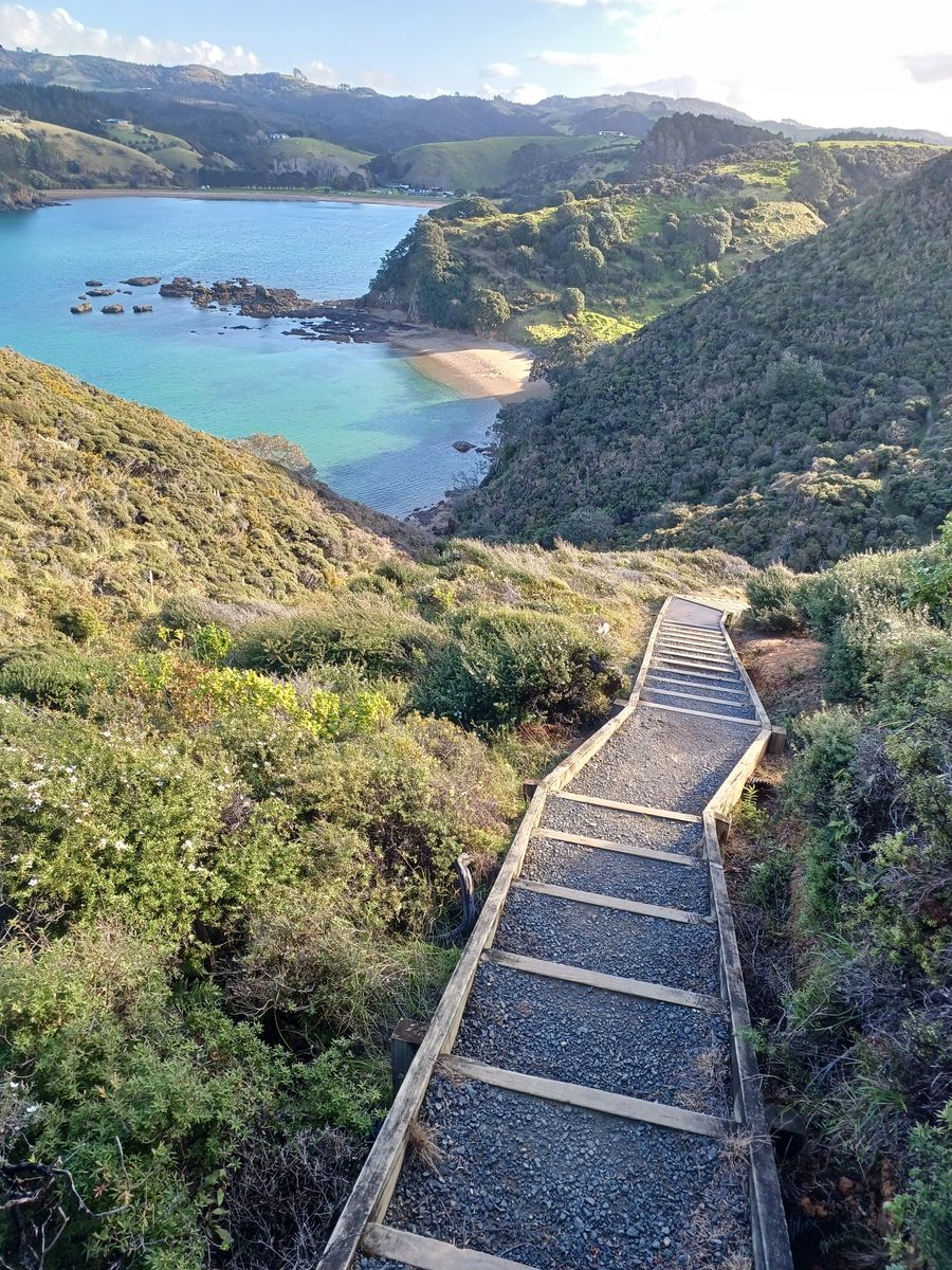 Wooden steps leading down the peninsula towards a turquoise bay
